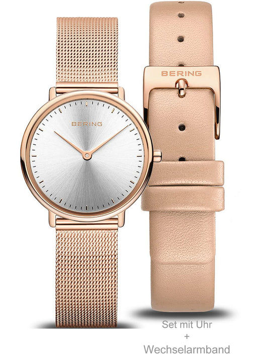 Damenarmbanduhr Bering mit roségoldfarbenem Mesh- und beigem Lederband