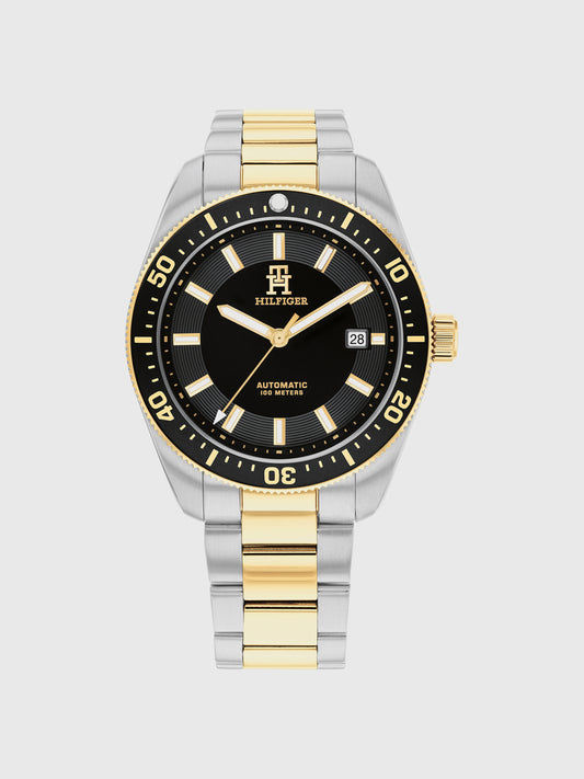 Tommy Hilfiger Herrenarmbanduhr mit schwarzem Zifferblatt und gold-silbernem Metallband