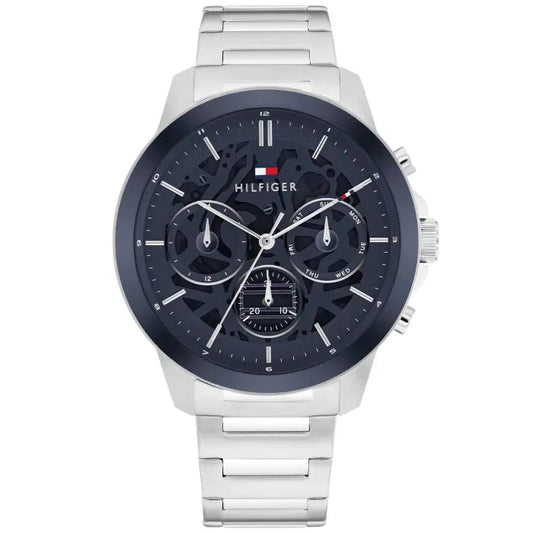 Herren Chronograph-Armbanduhr mit blau-schwarzem Zifferblatt und Edelstahlband, Mineralglas