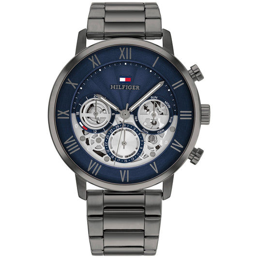 Tommy Hilfiger Herrenarmanduhr mit blauem Zifferblatt, silbernen Zählern und Edelstahlarmband