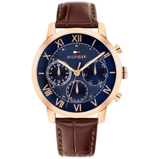 Tommy Hilfiger TH-OXFORD 1710727 Herrenuhr Blau • Chronograph mit Roségold • Lederarmband Krokodilprägung