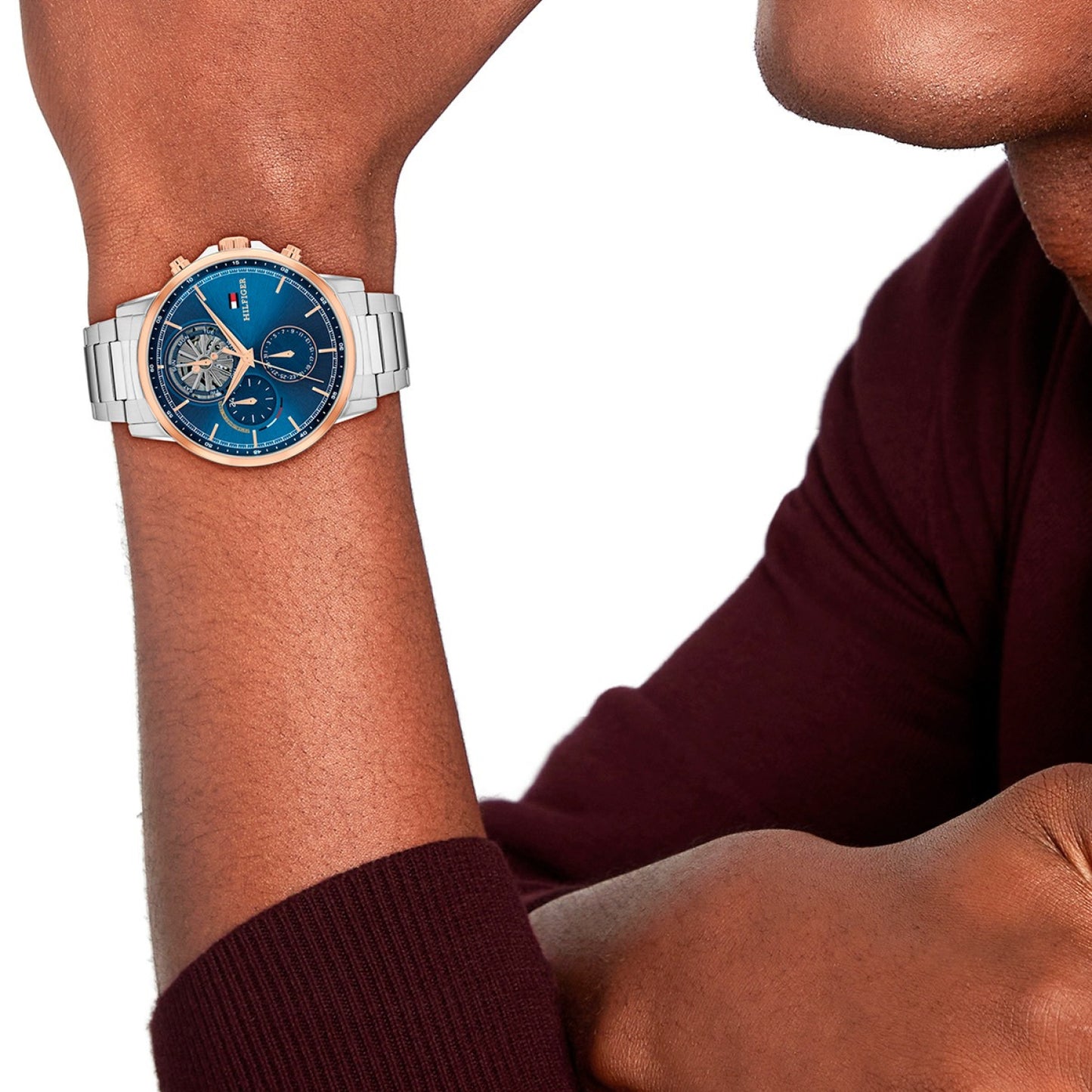 Męski zegarek typu chronograf Tommy Hilfiger z niebieską tarczą i bransoletą ze stali szlachetnej