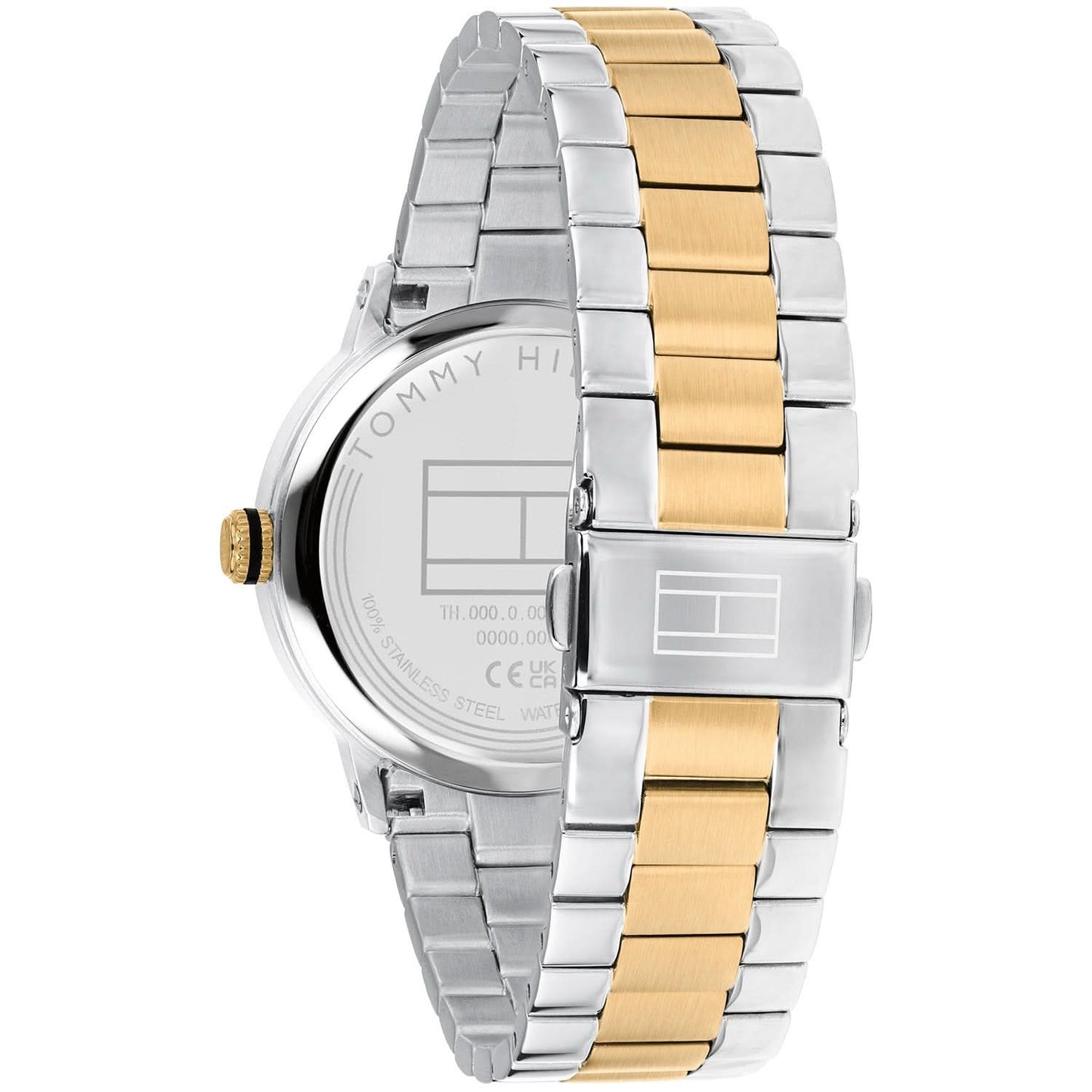 Tommy Hilfiger Herrenuhr von hinten mit Edelstahlgehäuse und zweifarbigem Gliederarmband