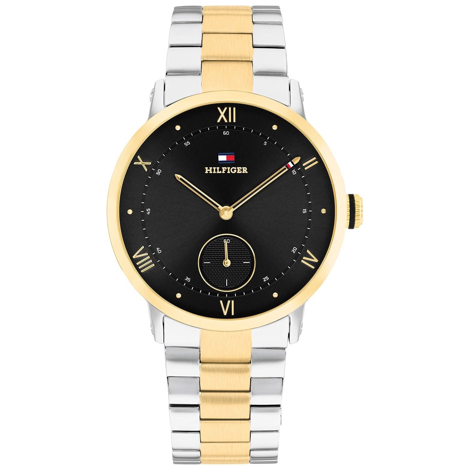 Tommy Hilfiger Herrenuhr mit schwarzem Zifferblatt, goldener Lünette und zweifarbigem Metallarmband