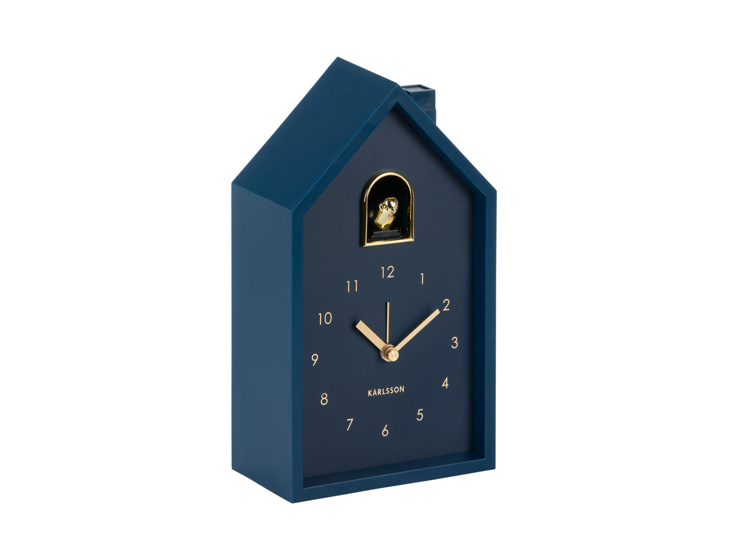 Karlsson Modern Cuckoo Oro KA6077DB Wecker Dunkelblau • Kuckucksgeräusch beim Alarm • Vergoldeter Vogel