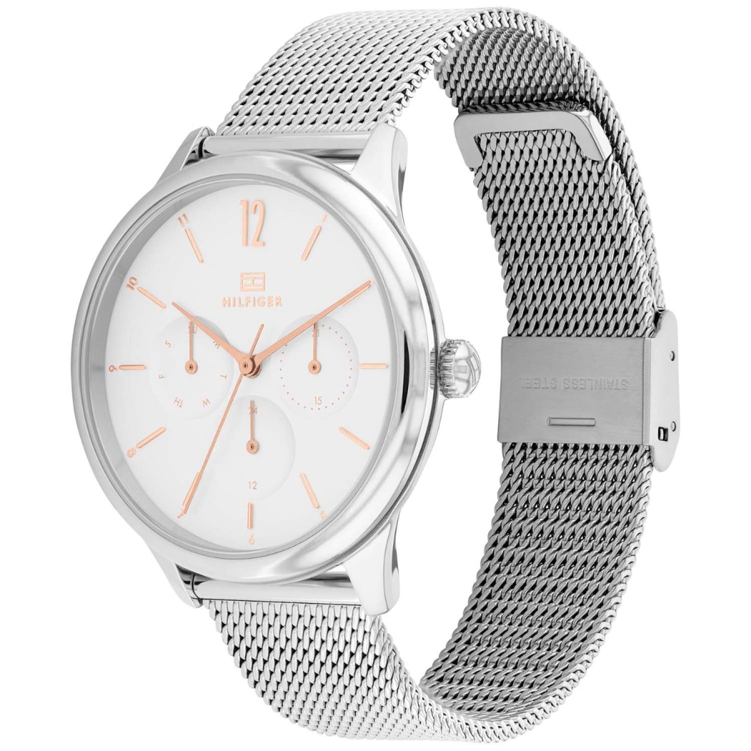 Zegarek Tommy Hilfiger Layla: srebrna bransoleta typu mesh, biała tarcza z 3 subtarczami