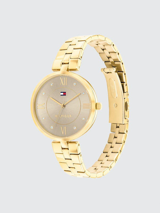 Tommy Hilfiger Ella 1782685 Damenuhr Gold • Dünnes Stahlarmband • Grau-Goldenes Ziffernblatt