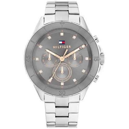Damski zegarek Tommy Hilfiger Mellie ze srebrną metalową bransoletą i ciemną tarczą, kwarcowy.