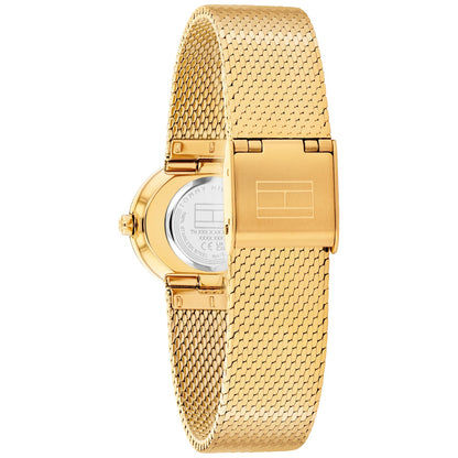 Zegarek damski Tommy Hilfiger MOIRA w kolorze złotym, widok z boku na bransoletę typu mesh i koronkę