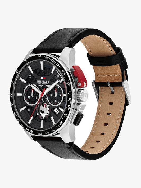 Tommy Hilfiger Herrenuhr mit Skelett-Chronograph, schwarzem Zifferblatt und Lederarmband