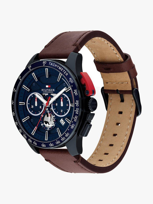 Tommy Hilfiger Bank 1792268 Herrenuhr Blau • Skelett-Chronograph • Mineralglas
