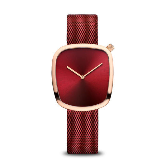 Bering Damenarmbanduhr mit roségoldfarbenem Gehäuse und rotem Milanaise-Armband