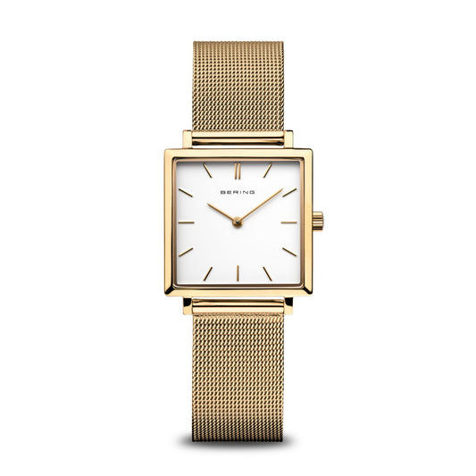 Bering Damenuhr mit goldfarbenem Milanaise-Armband und eckigem Saphirglasgehäuse, weißes Zifferblatt