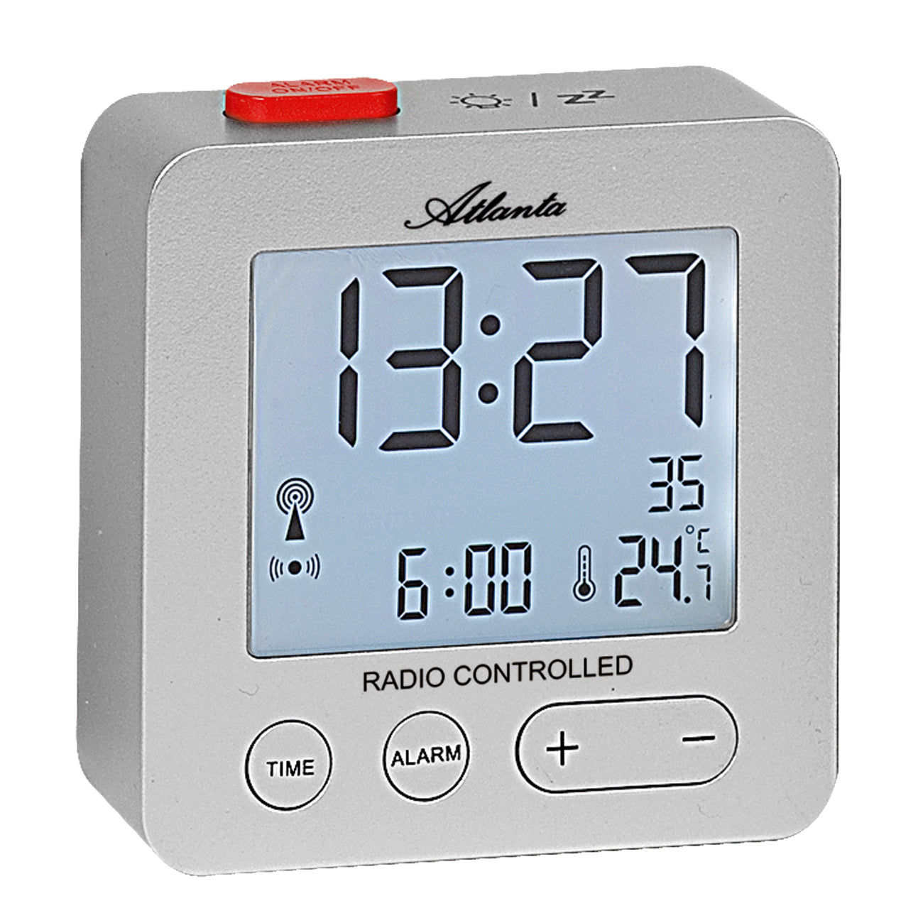 Silberne Funk-Weckuhr mit digitalem LCD-Display, Zeitanzeige und Bedientasten