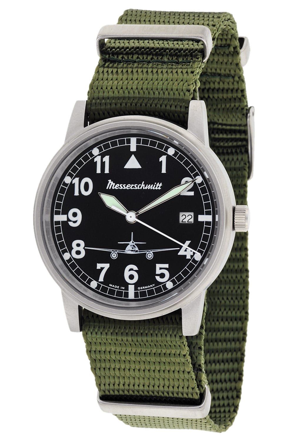 Messerschmitt ME 262 262-S Herren Armbanduhr Schwarz • Mineralglas • Olivgrünes Textilband