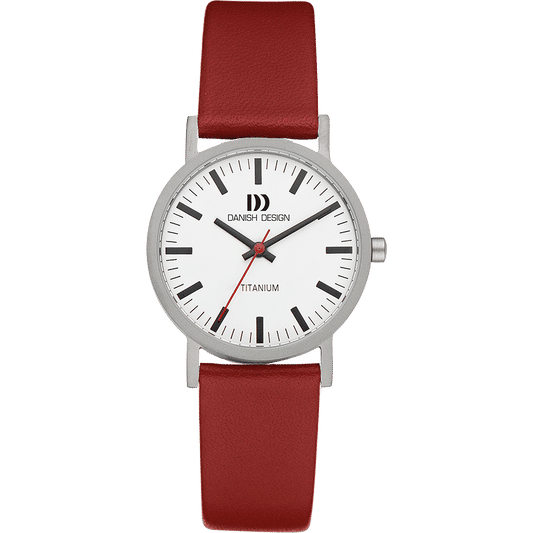 Damenuhr Danish Design mit rotem Lederarmband, weißem Zifferblatt und Titan-Gehäuse