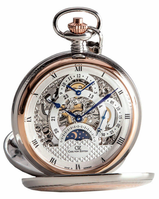 Carl von Zeyten Alb CVZ0040RSL Taschenuhr Bicolor Silber-Roségold • Handaufzug • Skelettiertes Uhrwerk