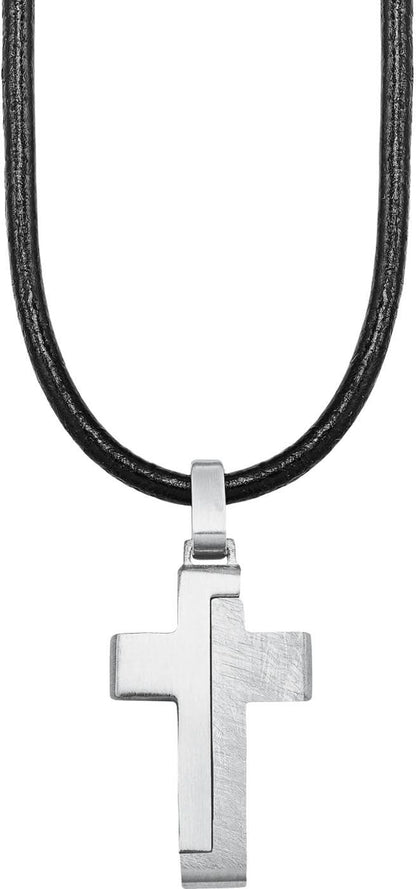 Kinder-Lederkette mit Kreuzanhänger: schwarzes Band, silbernes Kreuz