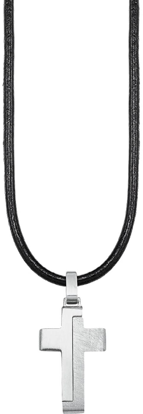 Kinder-Lederkette mit Kreuzanhänger, langes schwarzes Lederband und silbernes Kreuz