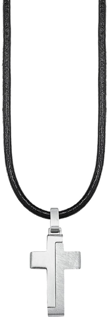 Kinder-Lederkette mit Kreuzanhänger, langes schwarzes Lederband und silbernes Kreuz