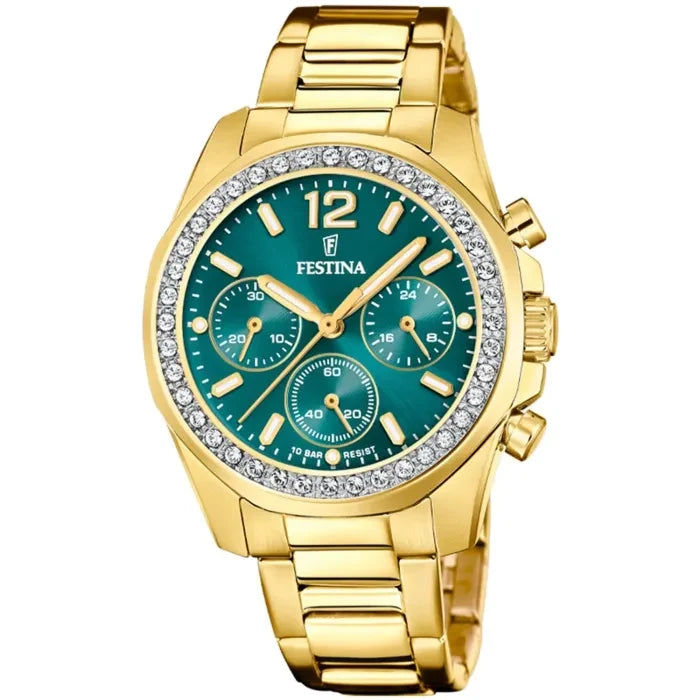 Festina Rainbow F20609/6 Damenuhr • Dunkelgrünes Sunray-Zifferblatt • Chronograph mit Zirkonia-Lünette