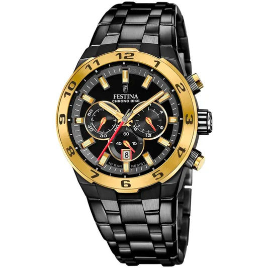 Herren-Chronograph-Uhr mit schwarzem Edelstahlarmband, schwarzem Zifferblatt und goldfarbener Lünette