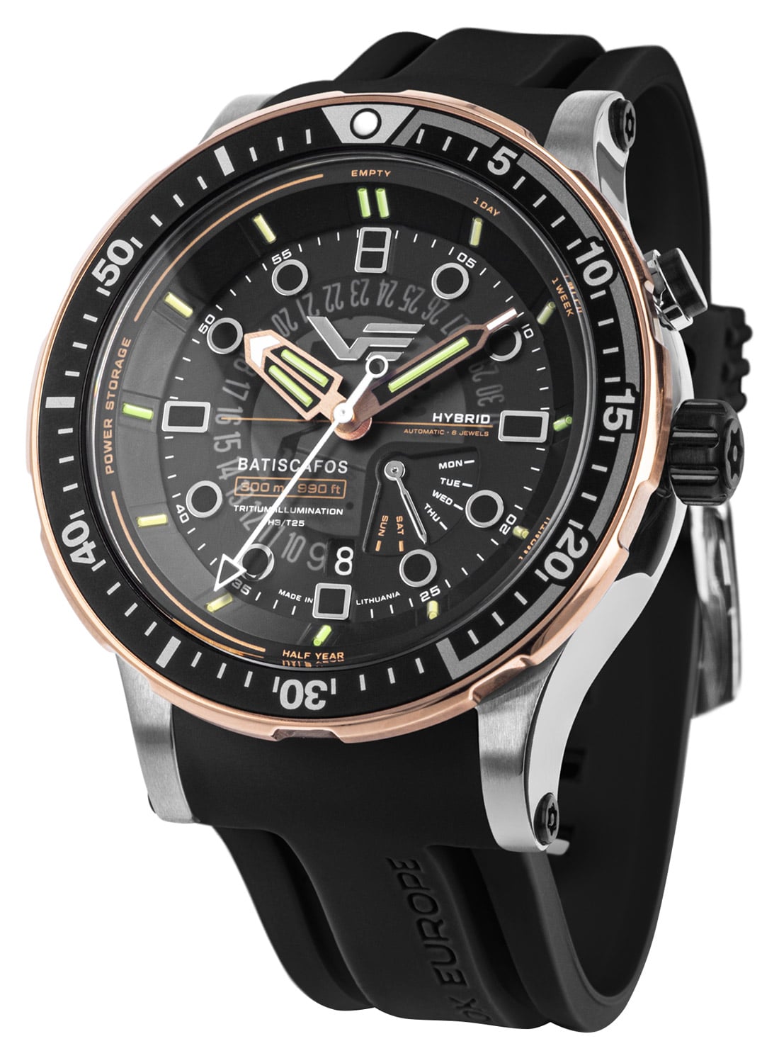 Męski zegarek do nurkowania z czarnym silikonowym paskiem, czarną tarczą i lunetą w kolorze różowego złota.