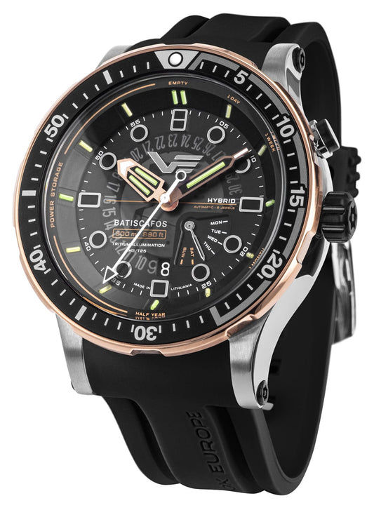 Herren-Taucheruhr mit schwarzem Silikonarmband, schwarzem Zifferblatt und roséfarbener Lünette.