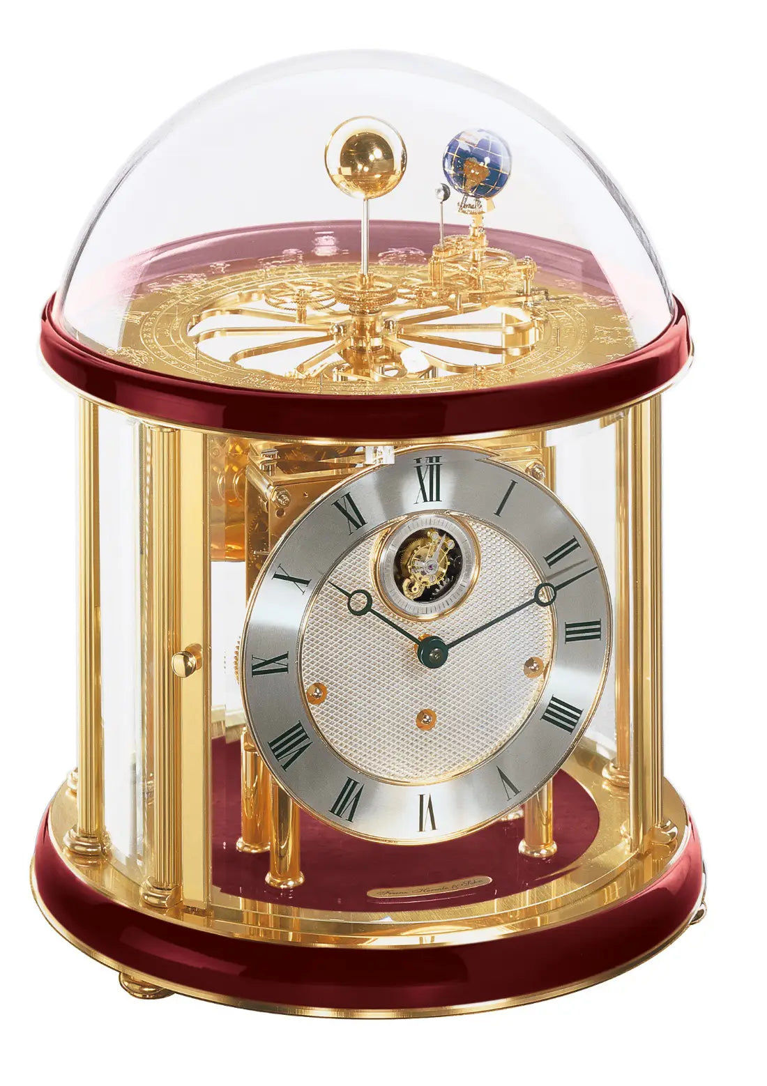 Messing-Tischuhr mit Glasglocke, rundem Zifferblatt und sichtbarem Tourbillon