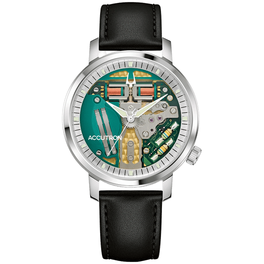 Bulova Accutron Herrenarmbanduhr mit grünem Zifferblatt und sichtbarem Werk, schwarzem Lederband.