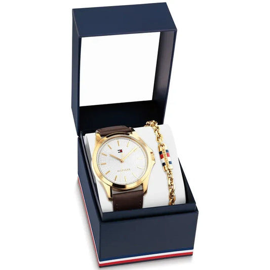 Tommy Hilfiger Herrenarmbanduhr: goldenes Gehäuse, weißes Zifferblatt, dunkelbraunes Lederarmband