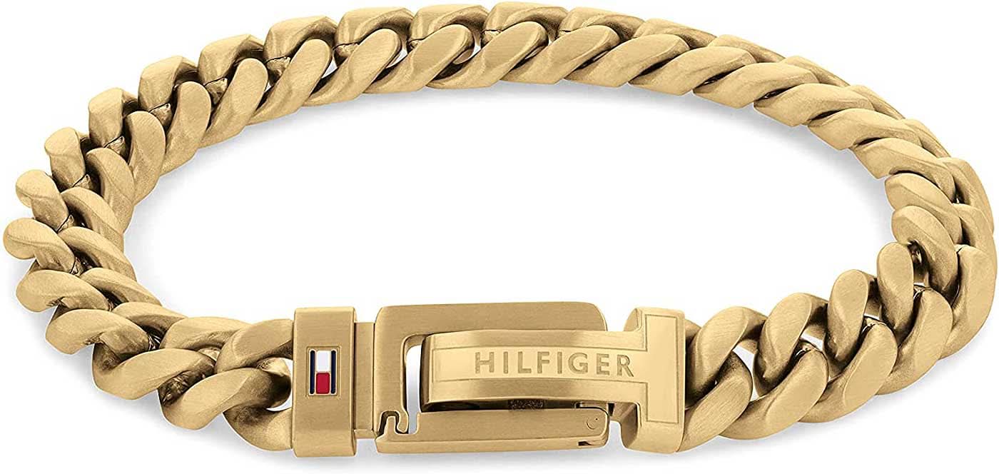 Armband aus Edelstahl mit Panzerkette, goldfarben, mit Schnalle „HILFIGER“ und Logo