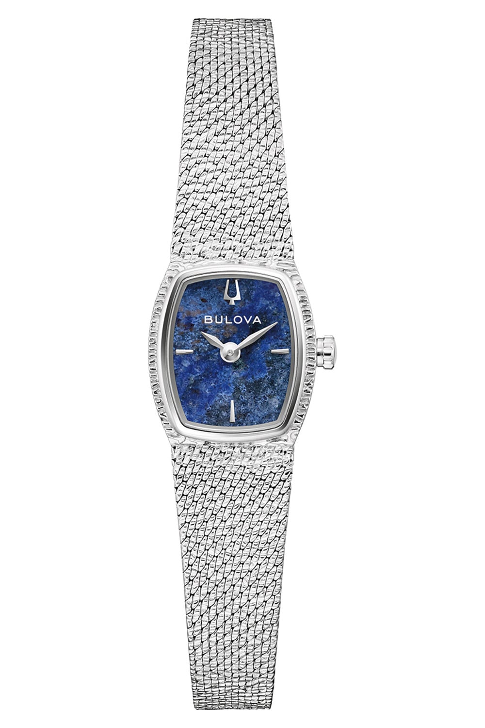 Zegarek damski Bulova z niebieską tarczą, srebrną bransoletą typu mesh i prostokątną kopertą