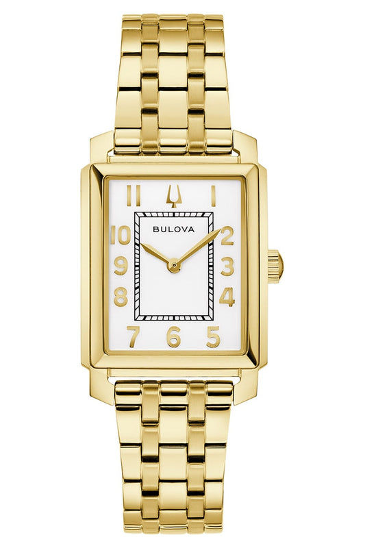 Damski zegarek Bulova z białą tarczą i złotą metalową bransoletą