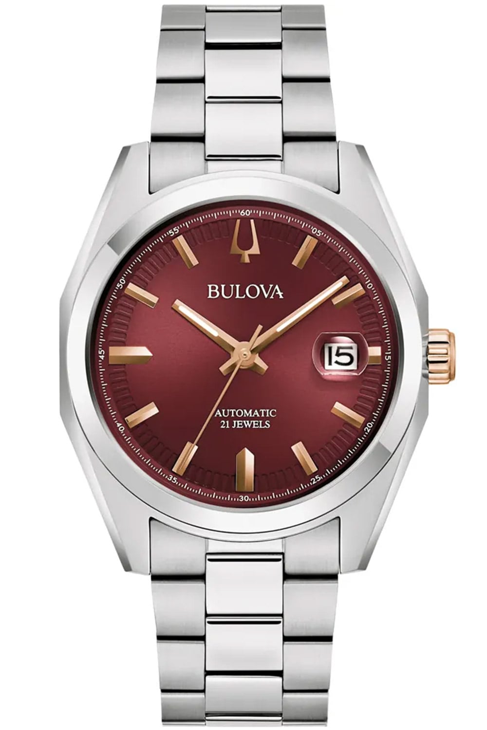 Zegarek automatyczny Bulova z bordową tarczą, złotymi wskazówkami i bransoletą ze stali szlachetnej