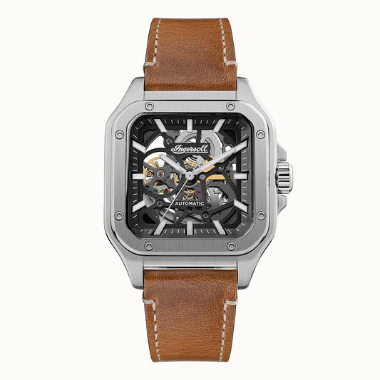 Herrenarmbanduhr Ingersoll Ollie mit braunem Lederarmband und schwarzem Skelettzifferblatt