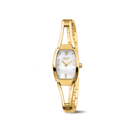 Damenuhr Boccia mit goldfarbenem Titanarmband und perlmuttfarbenem Zifferblatt