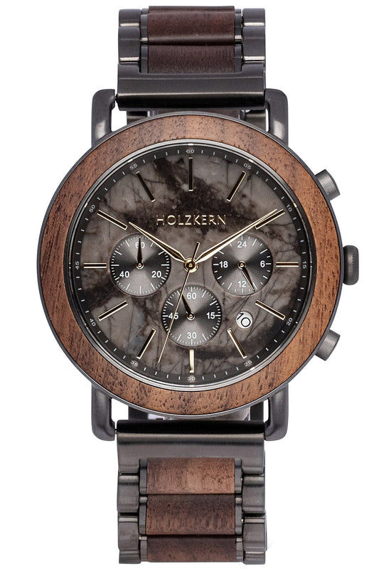 Holzkern Askja Herrenuhr Chronograph Walnuss/Marmor • Seiko VD53 Quarzwerk • Echtmarmor-Zifferblatt
