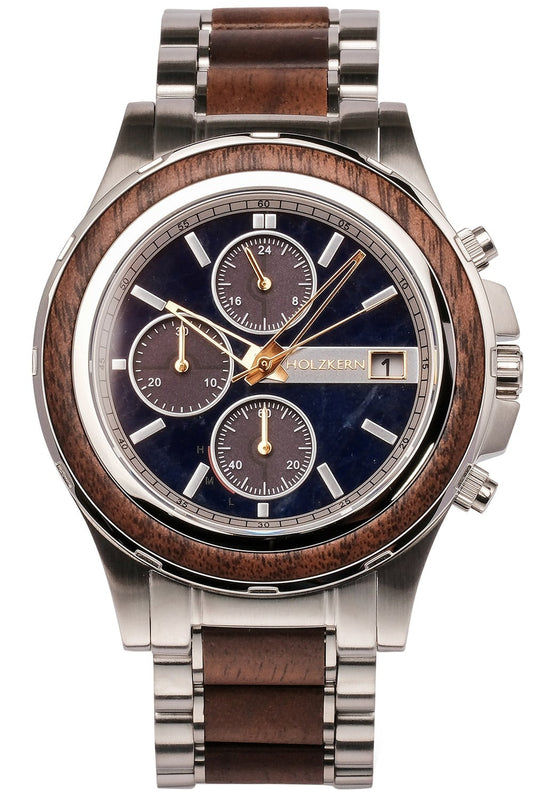 Holzkern Koh Mak 9010631007140 Herren-Chronograph Solar Blau • Solarwerk Epson VR43 • Walnussholz & echter Marmor