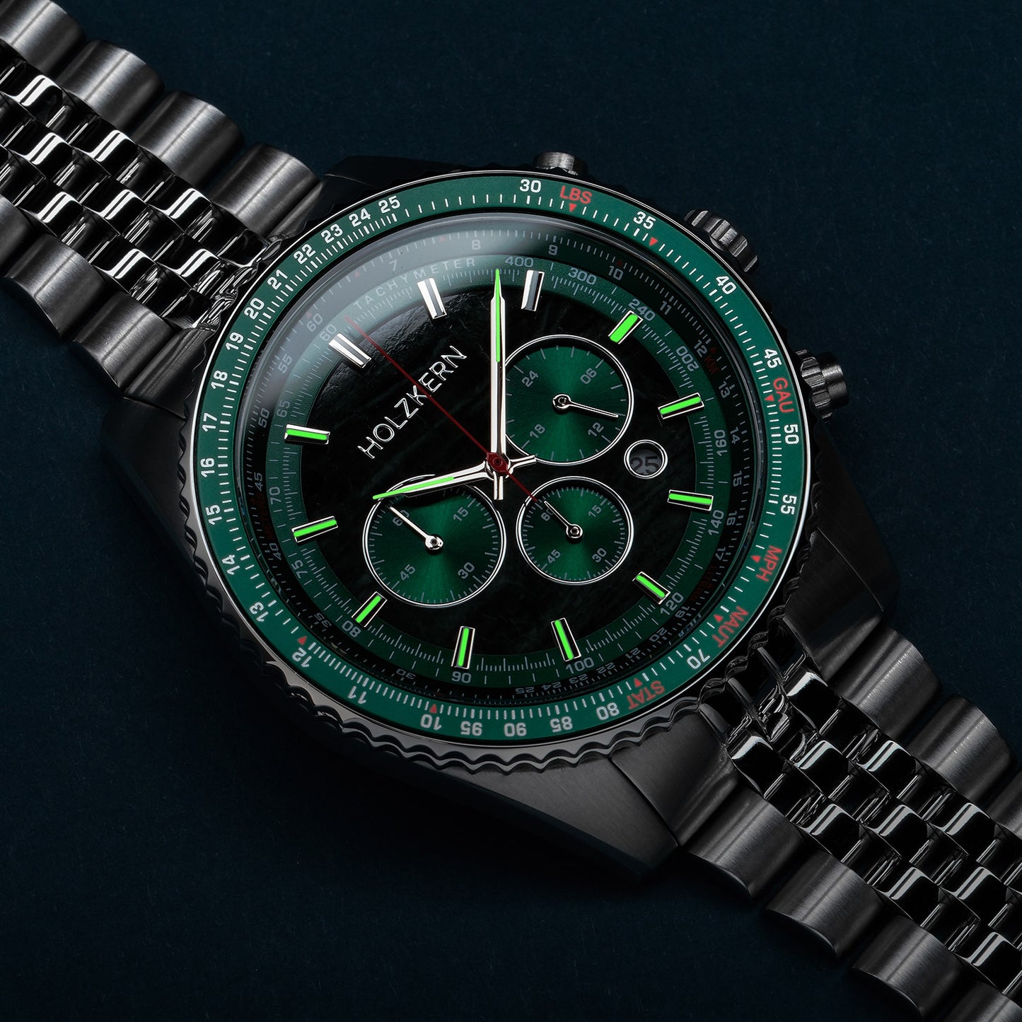 Holzkern Openhorizon 9010631018290 Herren Chronograph Grün/Silberfarben • Echter Marmor-Zifferblatt • Tachymeter-Lünette