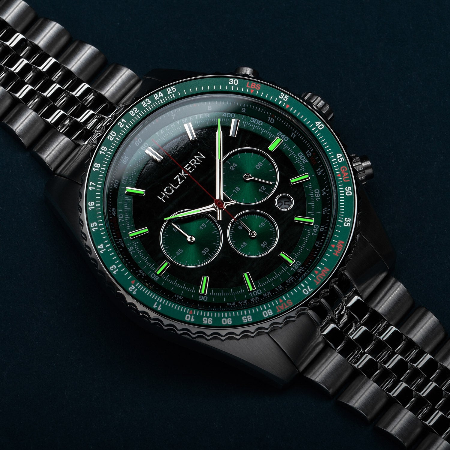Holzkern Openhorizon 9010631018290 Herren Chronograph Grün/Silberfarben • Echter Marmor-Zifferblatt • Tachymeter-Lünette