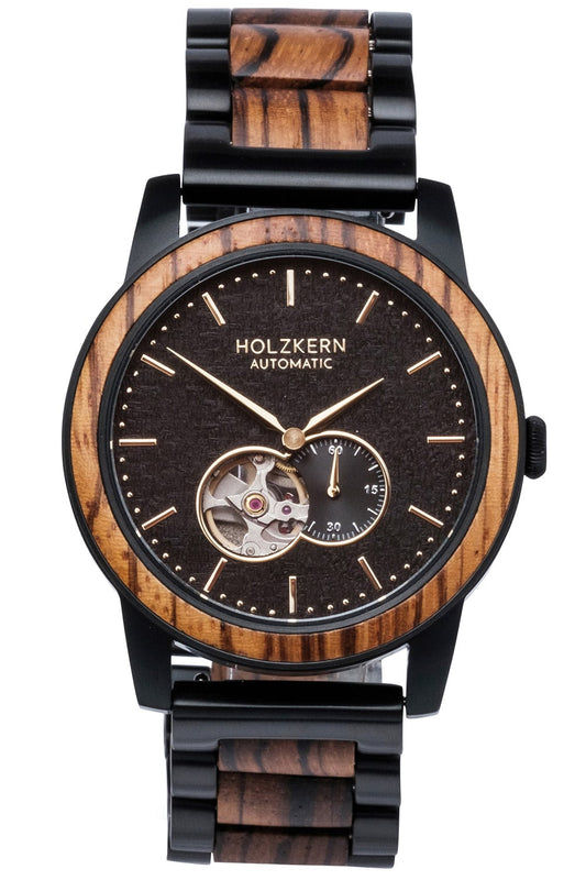 Holzkern San Francisco Herren Automatikuhr Schwarz • Zebranoholz & Ahornholz • Miyota Automatikwerk