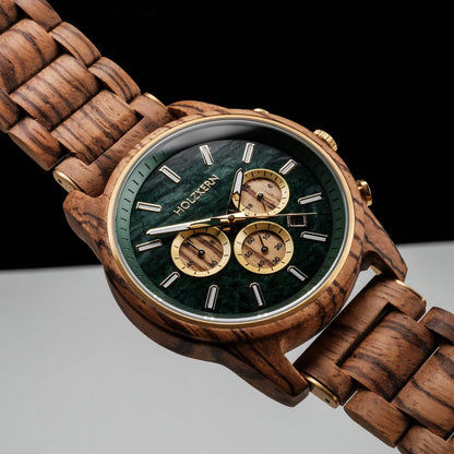 Holzkern Blätterdach Herrenuhr Chronograph Zebrano/Marmor • Japanisches Quarzwerk • Mineralglas, Bild 3