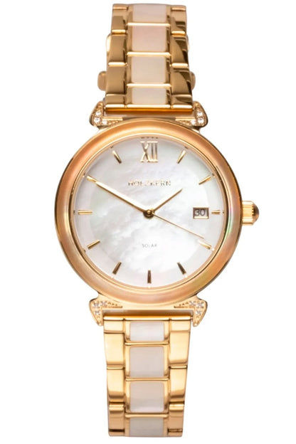 Holzkern Sunglister Damen Armbanduhr Weiß • Perlmutt-Zifferblatt • Goldfarben
