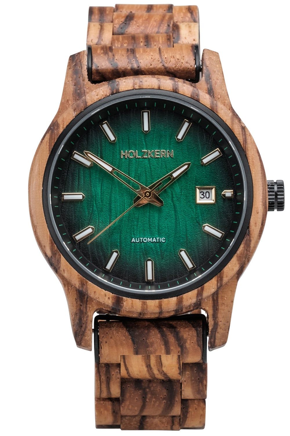 Holzkern Nightbird Herren Armbanduhr Grün • Automatikwerk • Naturholz Zebrano