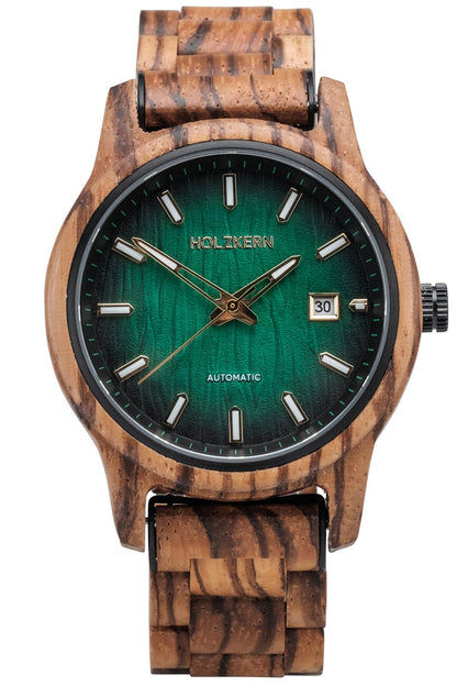 Holzkern Nightbird Herren Armbanduhr Grün • Automatikwerk • Naturholz Zebrano