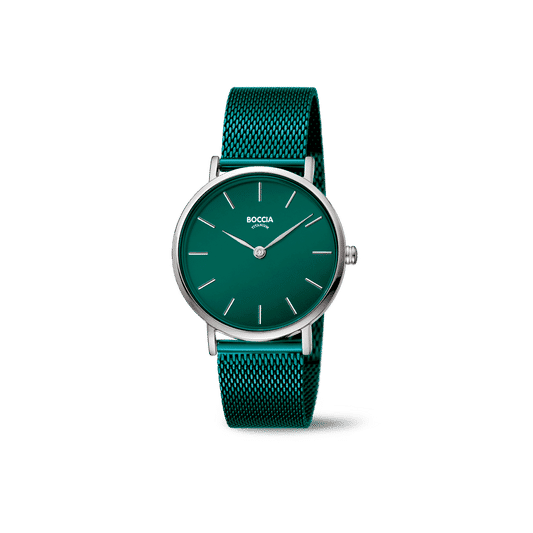 Boccia Damenarmbanduhr mit grünem Zifferblatt und Milanaiseband, Titan-Gehäuse