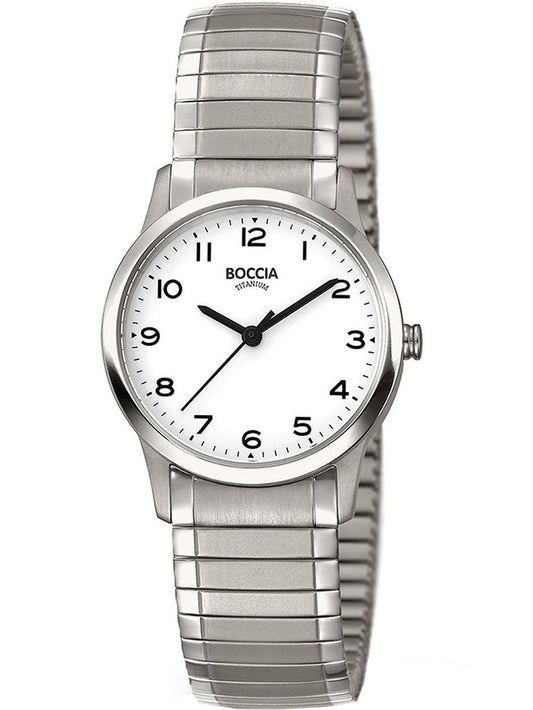 Boccia Damenarmbanduhr mit silbernem Titan-Zugband und weißem Zifferblatt, Mineralglas