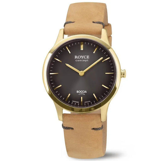 Boccia Damenarmbanduhr mit goldplattiertem Titan und braunem Lederband, dunklem Ziffernblatt.