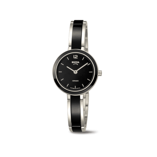 Boccia Damenarmbanduhr mit schwarzem Zifferblatt, Keramikarmband und Reintitan